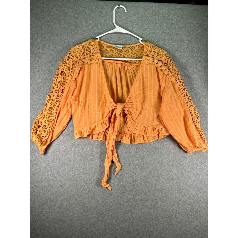 Wear*American Eagle Womens S Tie Front Crop Top Orange Lace Shrug Cardigan Boho